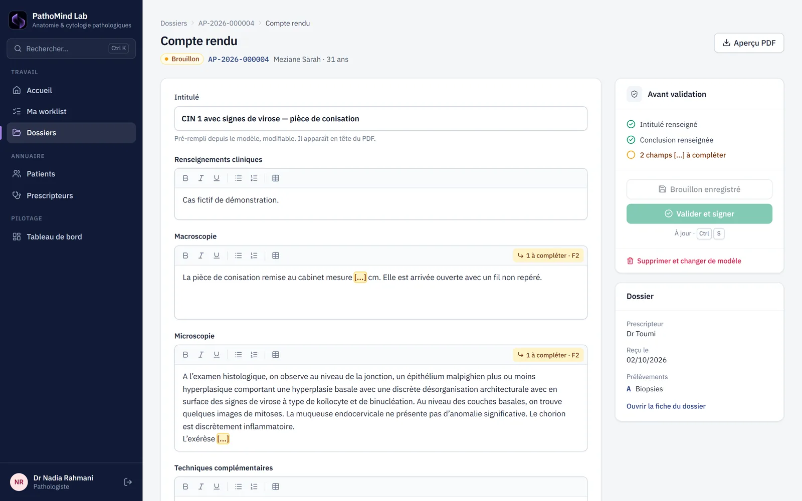 Rédaction d'un compte rendu avec champs à compléter surlignés